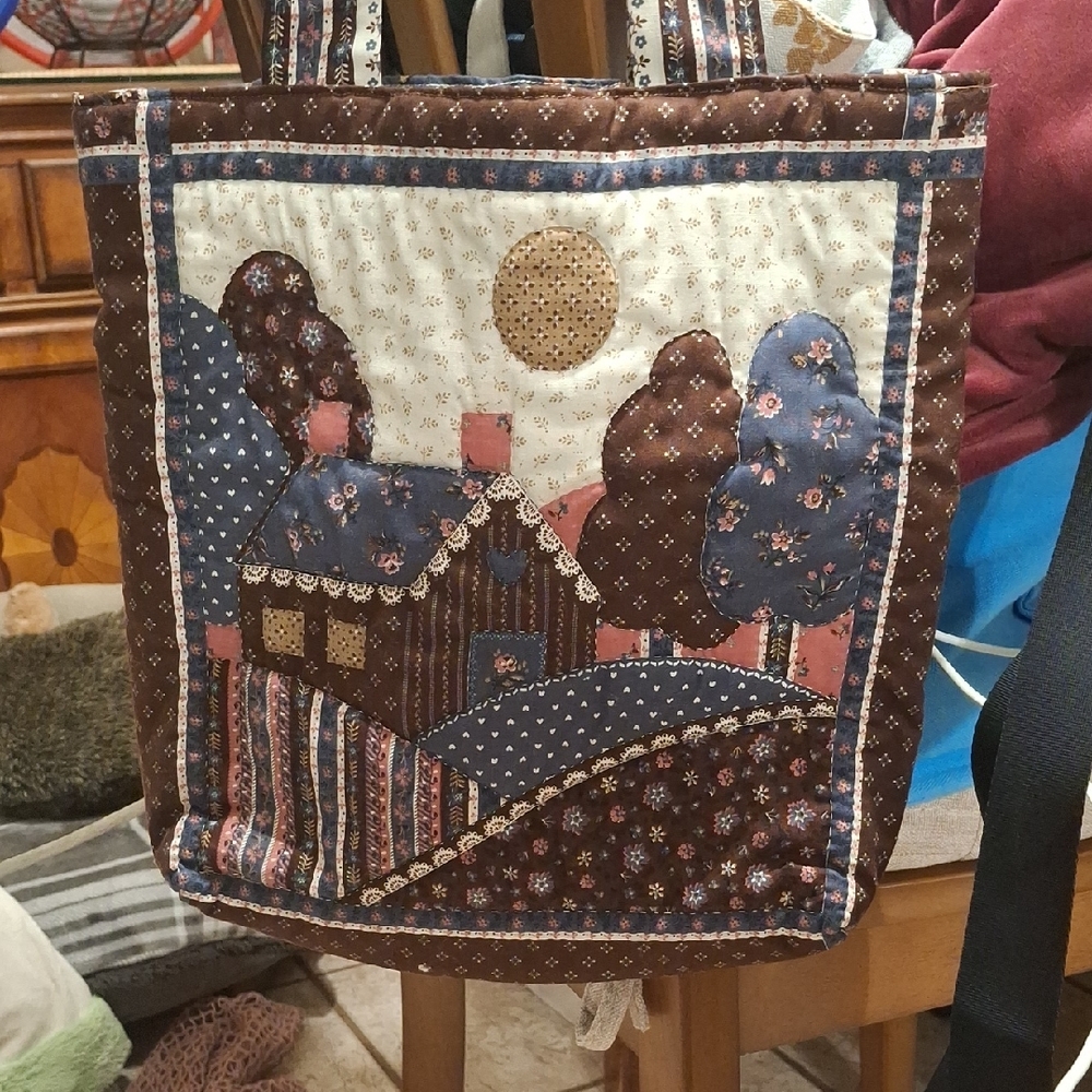 Patchwork Tote Bag with Brown and Blue Design